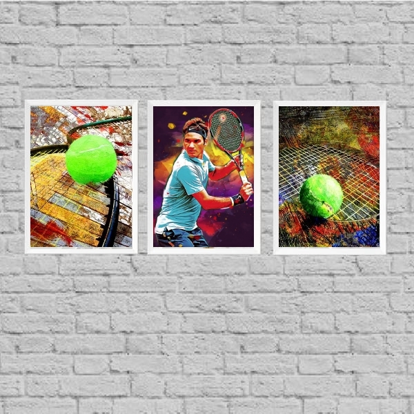Kit 3 Quadros Arte Tenista 45x34cm - Com Vidro Moldura:madeir