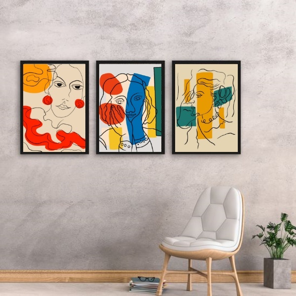 Kit 3 Quadros Artes Abstratas Coloridas - Faces 33x24cm - Com