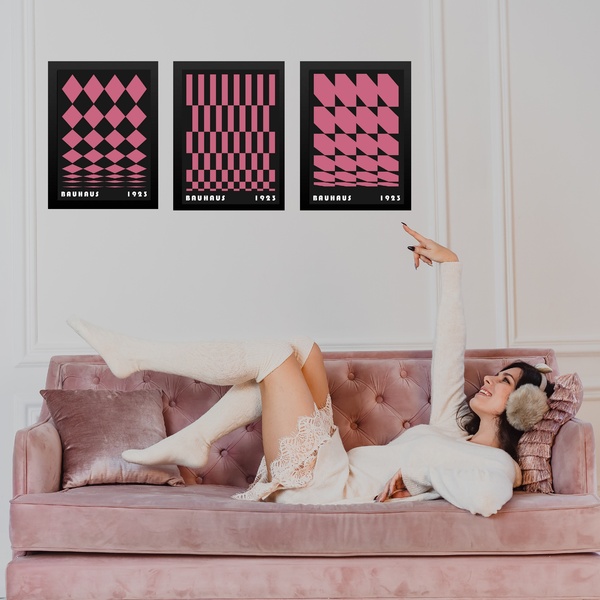 Kit 3 Quadros Artes Bauhaus Black And Pink 33x24cm - Com Vidr