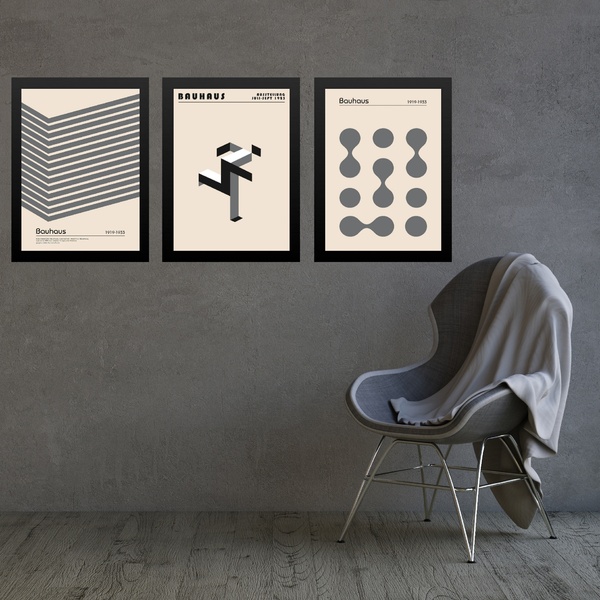 Kit 3 Quadros Artes Bauhaus Cinza E Bege Minimalistas 45x34cm