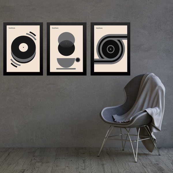 Kit 3 Quadros Artes Bauhaus Cinza E Preto Café Disco 33x24cm