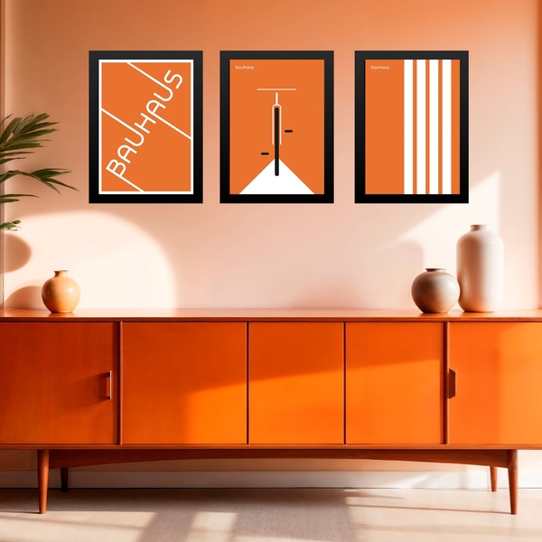 Kit 3 Quadros Artes Bauhaus Laranja Bicicleta 45x34cm Moldura