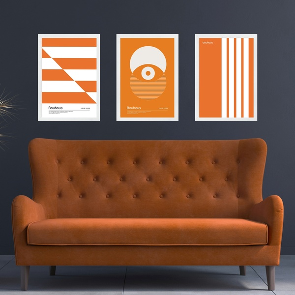 Kit 3 Quadros Artes Bauhaus Laranja E Branco 33x24cm - Com Vi