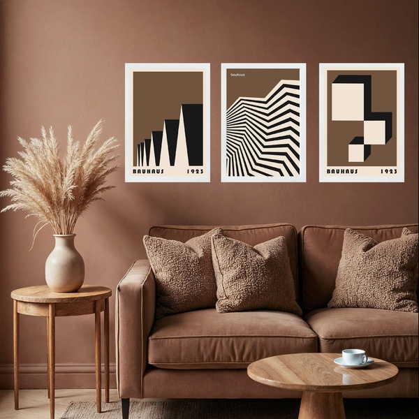 Kit 3 Quadros Artes Bauhaus Preto E Marrom 33x24cm - Com Vidr