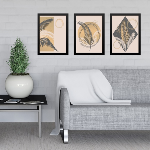 Kit 3 Quadros Artes Boho Folhas Bege E Cinza 33x24cm Moldura