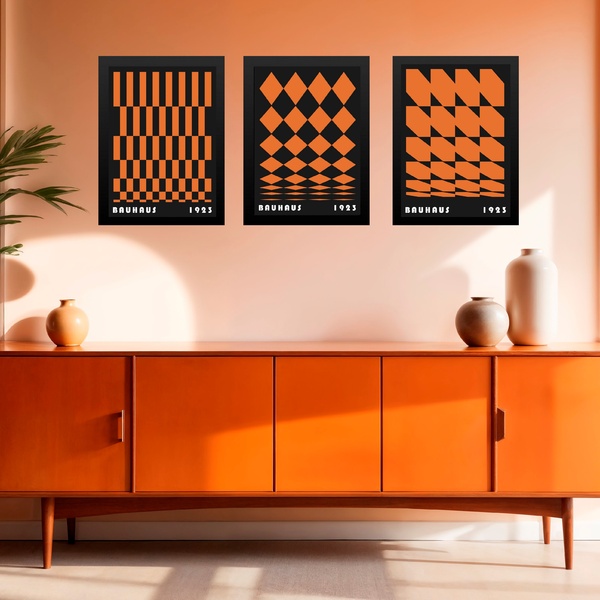 Kit 3 Quadros Artes Geométricas Bauhaus Laranja E Preto 33x24