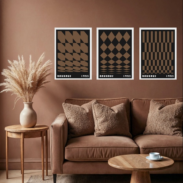 Kit 3 Quadros Artes Geométricas Bauhaus Preto E Marrom 24x18c