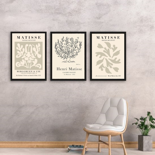 Kit 3 Quadros Artes Matisse Bege 45x34cm Moldura Preta