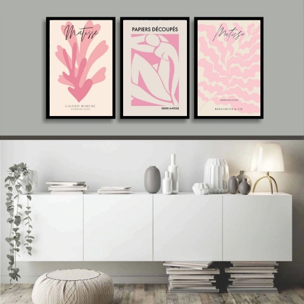Kit 3 Quadros Artes Matisse Fashion Rosa 33x24cm Moldura Preta