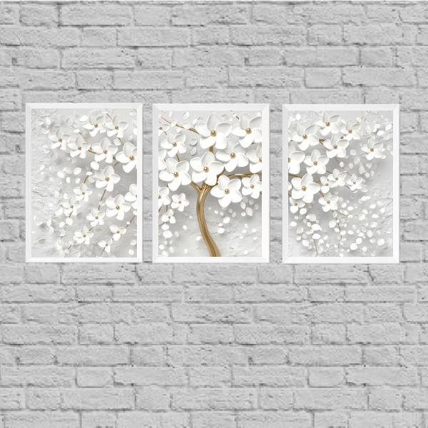 Kit 3 Quadros Árvore Flores Brancas 24x18cm Moldura:madeira P