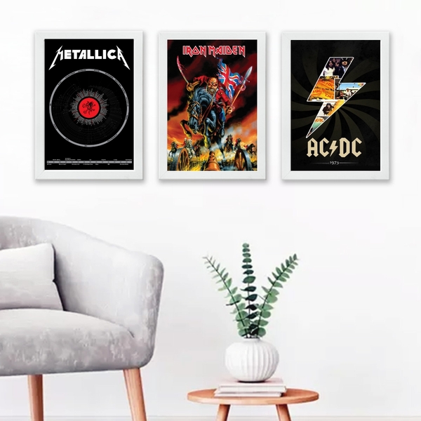 Kit 3 Quadros Bandas De Rock metal 45x34cm - Com Vidro Moldur