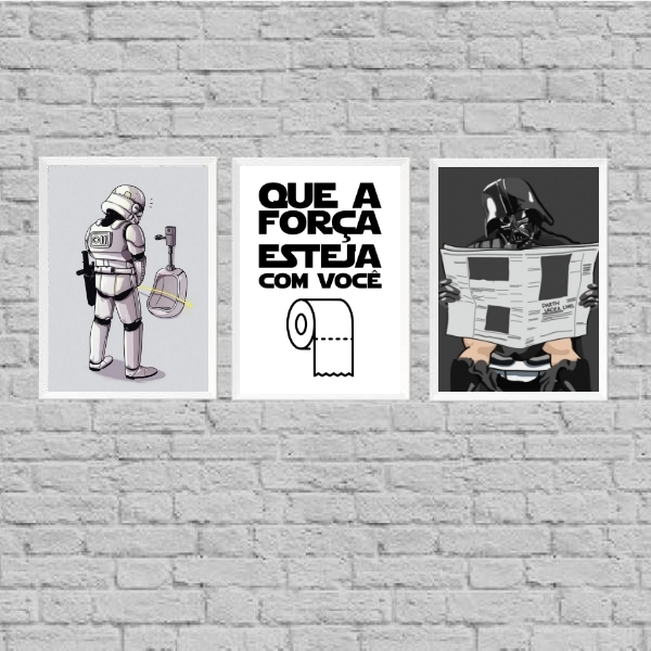 Kit 3 Quadros Banheiro Divertido 24x18cm Moldura:madeira Preta