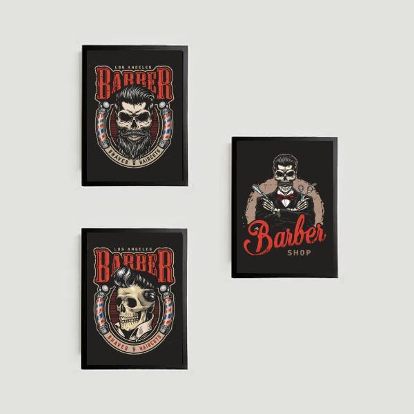 Kit 3 Quadros Barber Shop Skull 33x24cm - Com Vidro Moldura:m