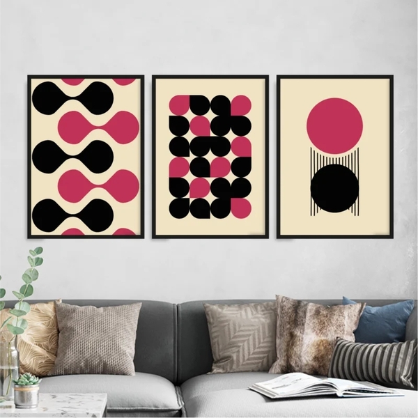 Kit 3 Quadros Bauhaus Abstrato Magenta E Preto 45x34cm Moldur