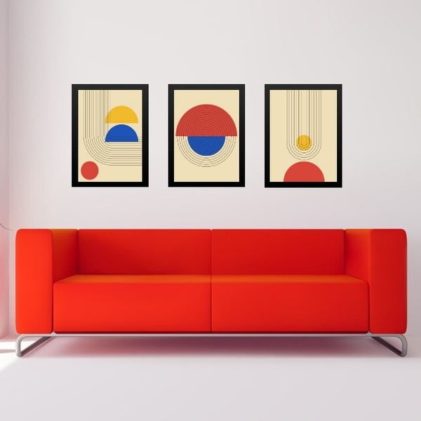 Kit 3 Quadros Bauhaus Cores Primárias 33x24cm - Com Vidro Mol