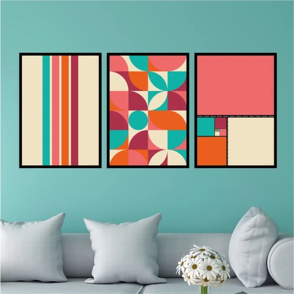 Kit 3 Quadros Bauhaus Dopamina 24x18cm - Com Vidro Moldura:ma