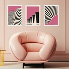 Kit 3 Quadros Bauhaus Geométricos Rosa E Preto 45x34cm Moldur