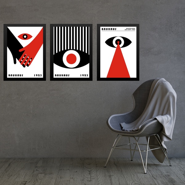 Kit 3 Quadros Bauhaus Olhos Vermelho E Preto 33x24cm Moldura