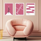 Kit 3 Quadros Bauhaus Rosa E Branco 45x34cm - Com Vidro Moldu