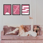 Kit 3 Quadros Bauhaus Rosa E Branco 45x34cm - Com Vidro Moldu