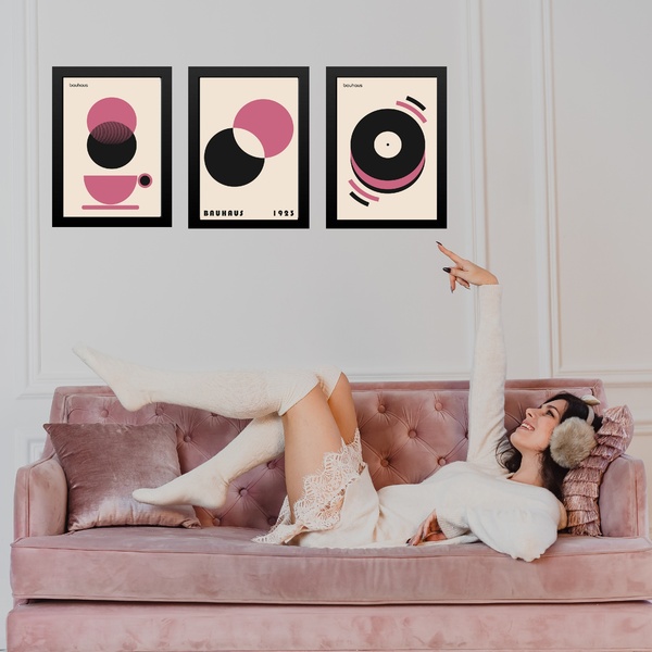 Kit 3 Quadros Bauhaus Rosa E Preto - Círculos Café 45x34cm Mo