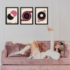 Kit 3 Quadros Bauhaus Rosa Preto E Bege 33x24cm - Com Vidro M