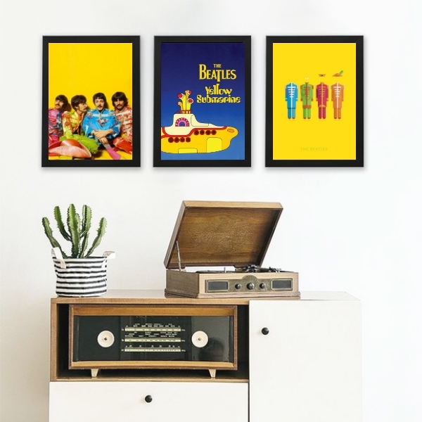 Kit 3 Quadros Beatles Yellow Submarine 33x24cm Moldura:madeir