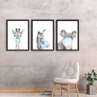 Kit 3 Quadros Bichinhos Chicletes Azul 24x18cm Moldura:madeir