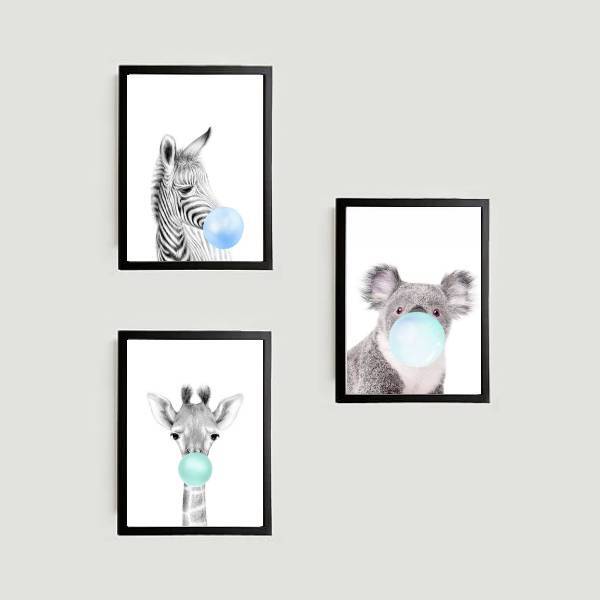 Kit 3 Quadros Bichinhos Chicletes Azul 24x18cm Moldura:madeir