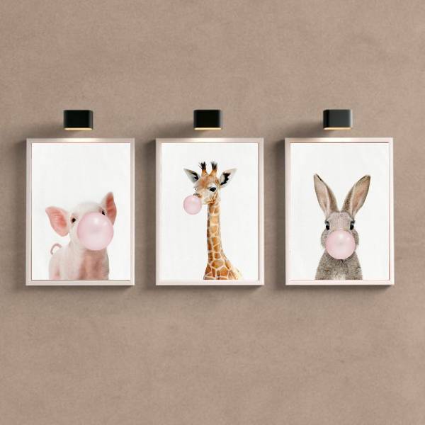 Kit 3 Quadros Bichinhos Chicletes Rosa 45x34cm - Com Vidro Mo