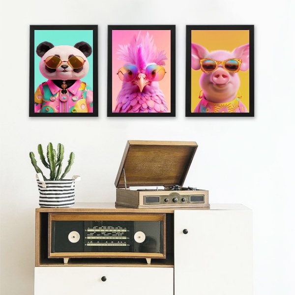 Kit 3 Quadros Bichos De Óculos 33x24cm - Com Vidro Moldura Pr