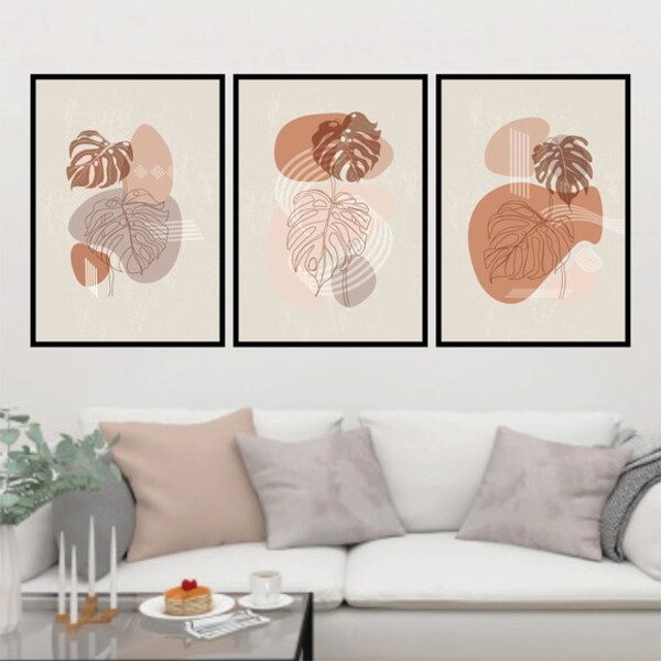 Kit 3 Quadros Boho Costela De Adão 60x40cm Moldura:madeira Br