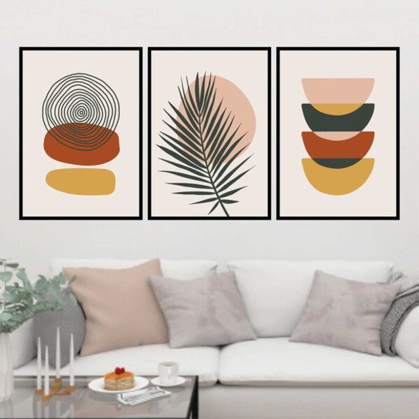 Kit 3 Quadros Boho Folha Avermelhado 24x18cm Moldura:madeira