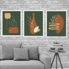 Kit 3 Quadros Boho Verde Musgo E Terracota 24x18cm - Com Vidr
