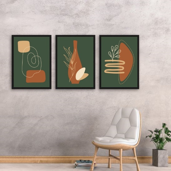 Kit 3 Quadros Boho Verde Musgo E Terracota 33x24cm Moldura:ma
