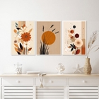 Kit 3 Quadros Bohos Flores Folhas Sol Terracota 45x34cm Moldu