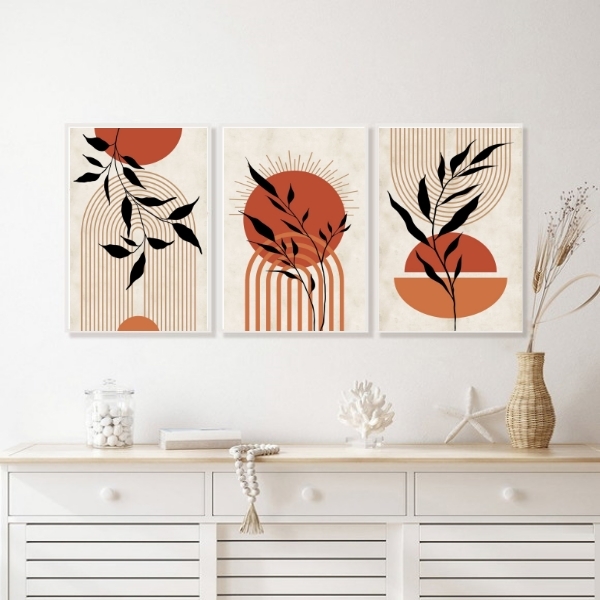 Kit 3 Quadros Bohos Folhas E Círculos Terracota 45x34cm - Com