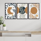 Kit 3 Quadros Bohos Luas Escandinavas 45x34cm Moldura Preta