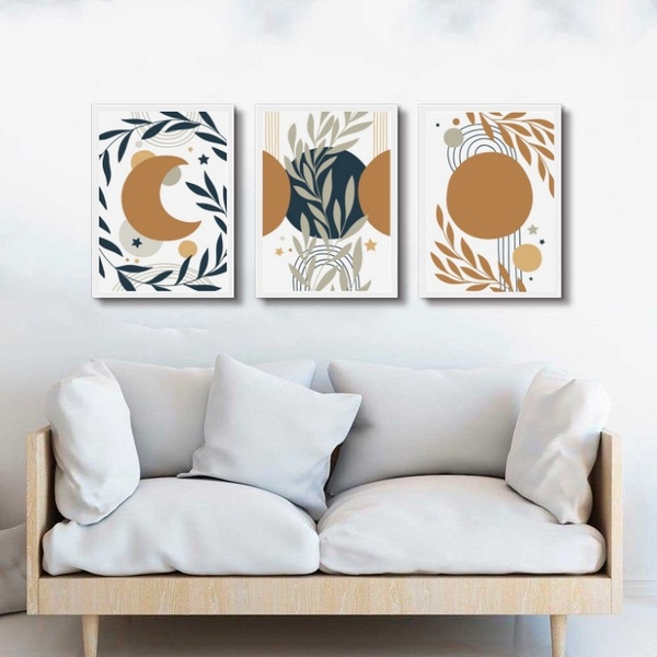 Kit 3 Quadros Bohos Luas Escandinavas 45x34cm Moldura Preta