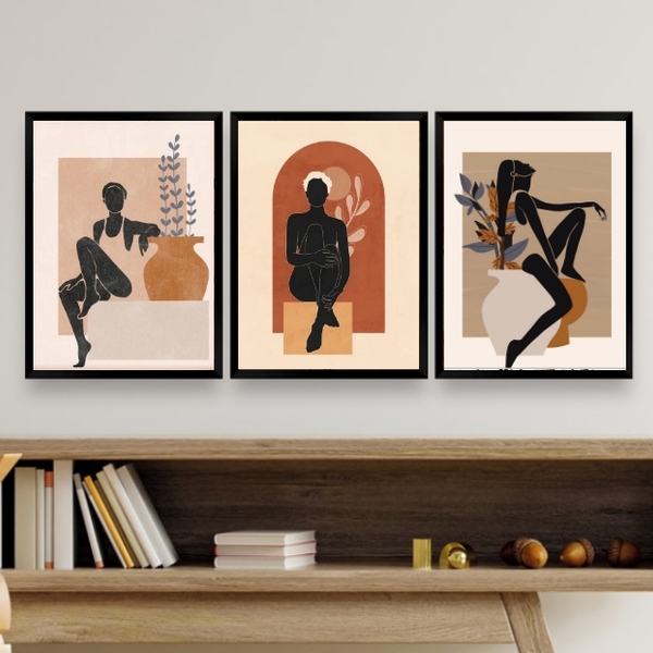 Kit 3 Quadros Bohos Mulheres Com Vasos De plantas 33x24cm Mol