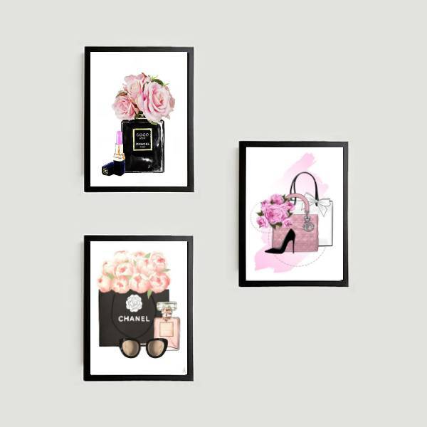 Kit 3 Quadros Bolsa, Sapato E Óculos 33x24cm - Com Vidro Mold