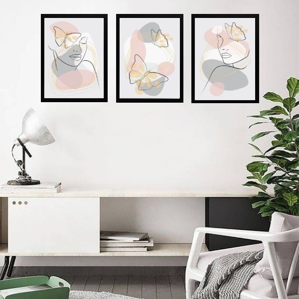 Kit 3 Quadros Borboletas Abstratas Rosa E Cinza 33x24cm - Com