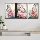 Kit 3 Quadros Borboletas E Flores Aquarela 45x34cm - Com Vidr