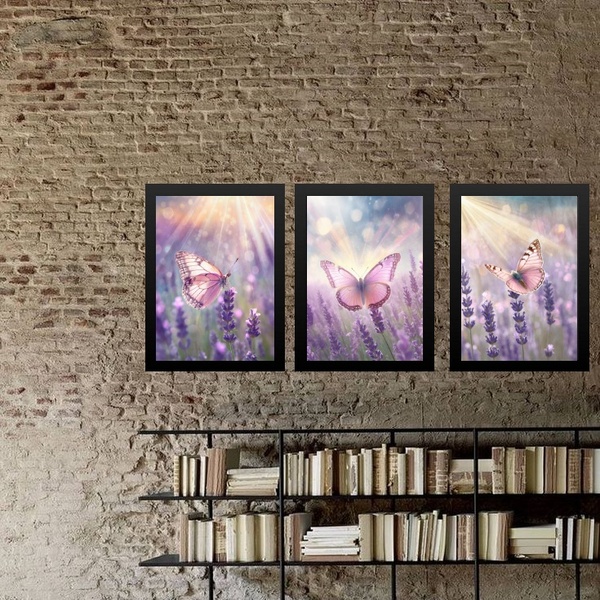Kit 3 Quadros Borboletas Rosas Lavanda 33x24cm - Com Vidro Mo