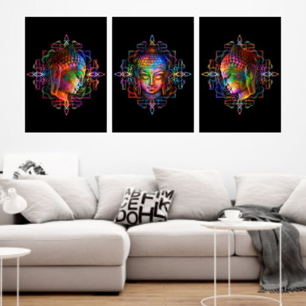 Kit 3 Quadros Buda Colorido Mandala 24x18cm Moldura:madeira P