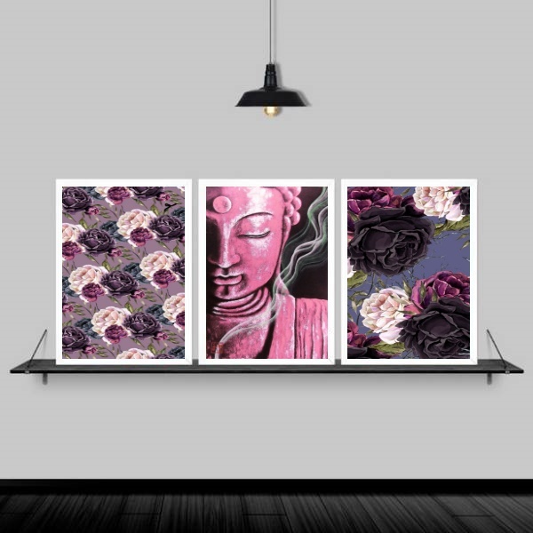 Kit 3 Quadros Buda Rosa Flores 45x34cm - Com Vidro Moldura:ma
