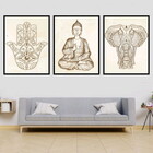 Kit 3 Quadros Buda Zen, Hamsa, Elefante 24x18cm - Com Vidro M