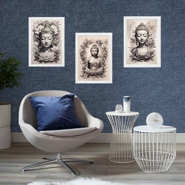 Kit 3 Quadros Budas Cinza E Branco 24x18cm Moldura:madeira Pr