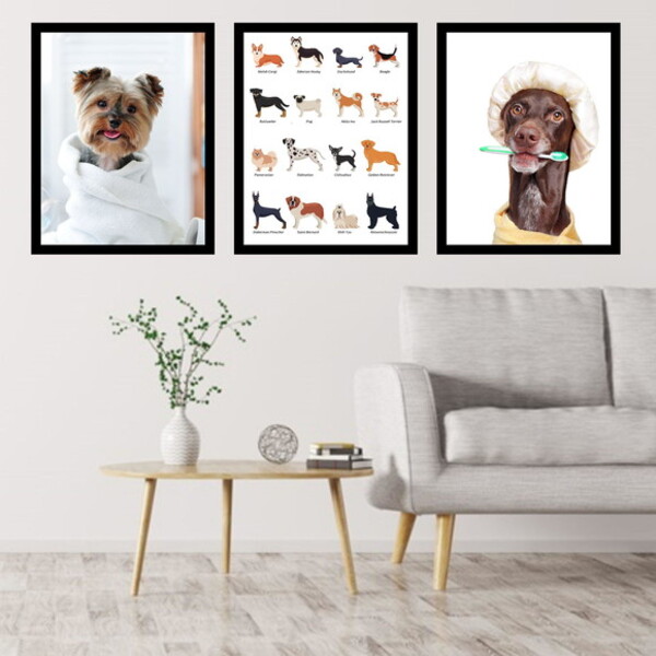 Kit 3 Quadros Cachorros - Pet Shop 24x18cm Moldura:madeira Pr