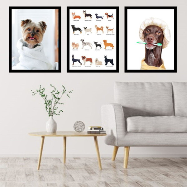 Kit 3 Quadros Cachorros - Pet Shop 60x40cm Moldura:madeira Br